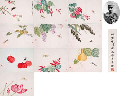 TEN PAGES OF CHINESE ALBUM PAINTING OF INSECT AND FLOWER SIG...