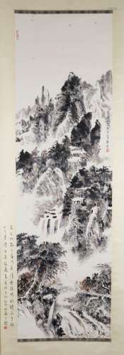 CHINESE SCROLL PAINTING OF MOUNTAIN VIEWS SIGNED BY LIN SANZ...