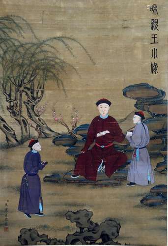 CHINESE SCROLL PAINTING OF MEN IN GARDEN SIGNED BY JIAO BING...