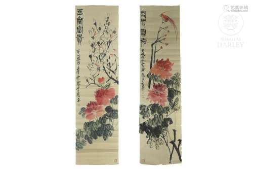 Pair of paintings "Bird and branch", 20th century