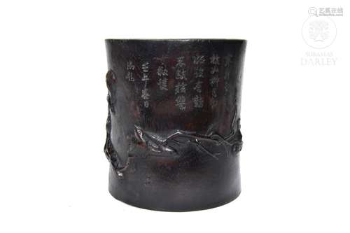 Carved wooden brush pot, 20th century