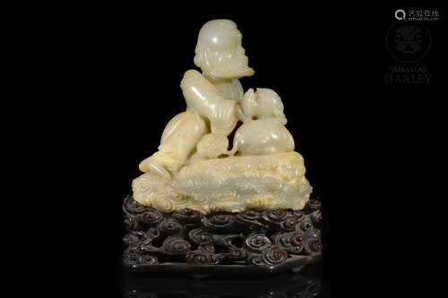 Jade figure "Luohan", on a wooden stand, Qing dyna...