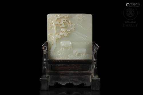 Carved jade panel on a pedestal, Qing dynasty