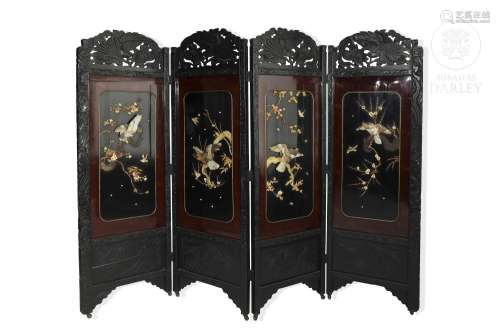 Chinese folding screen with hard stone applications, 20th ce...