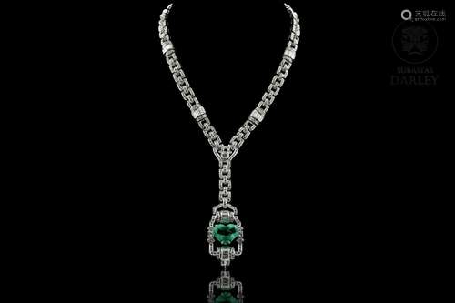 Magnificent diamond and emerald necklace, in 18k white gold