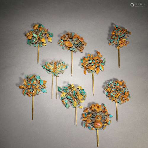 Qing Dynasty,Silver Gilt Flower Hairpins