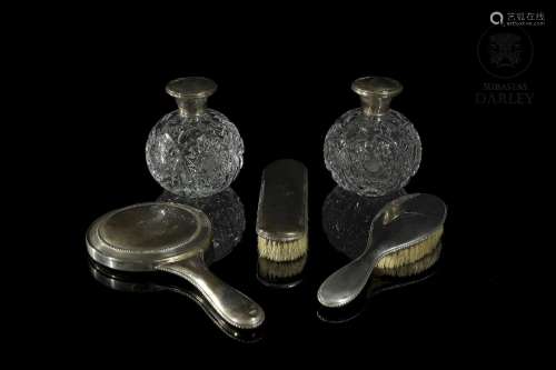 Glass and silver vanity set, mid-20th century