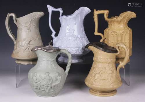 Thirteen assorted relief moulded stoneware jugs