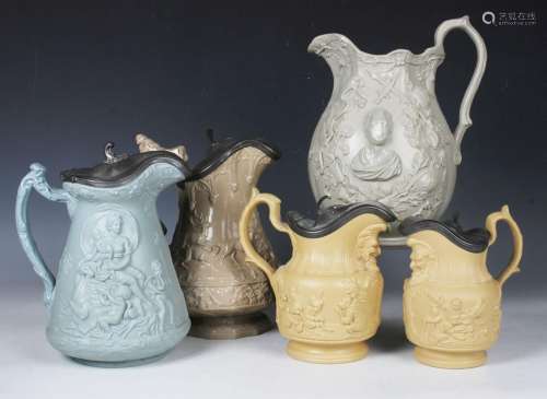 Fifteen assorted relief moulded stoneware jugs