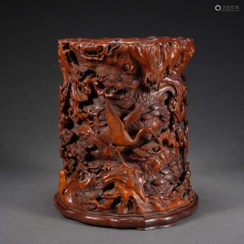 Qing Dynasty,Boxwood Flowers and Birds Pen Holder