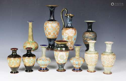 A collection of Doulton Slaters Patent stoneware vases and a...