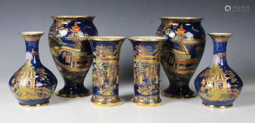 Three pairs of blue ground Carlton Ware vases