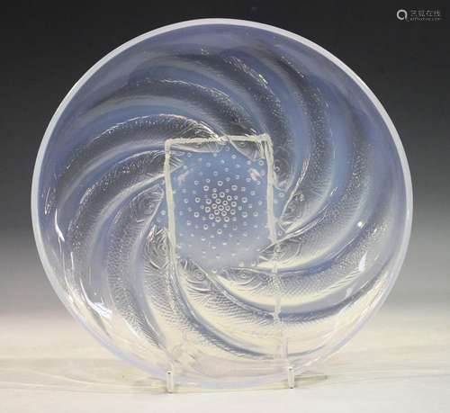 A Lalique Poissons opalescent glass shallow circular bowl or...