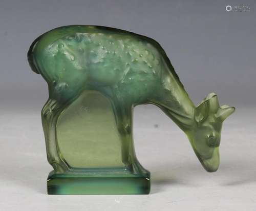 A Lalique opalescent green glass model of a young deer