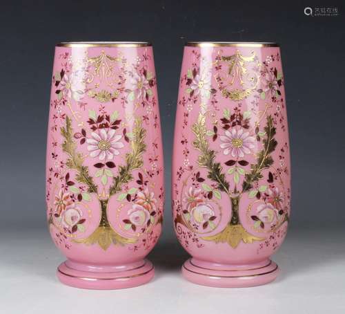 A pair of pink opaline French glass vases