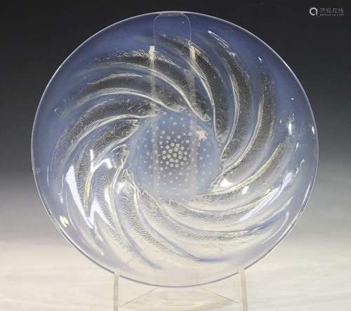 A Lalique Poissons opalescent glass shallow flared circular ...