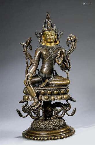 Qing Dynasty alloy copper inlaid silver green tara