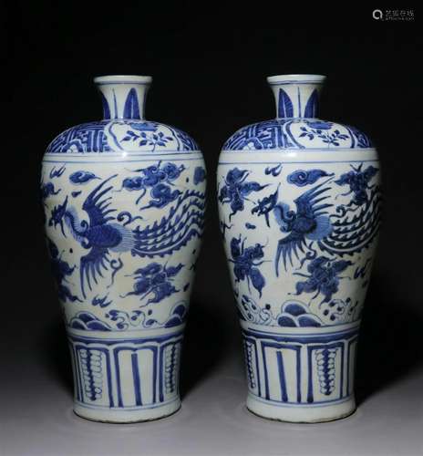 A pair of Ming Dynasty blue and white plum bottles