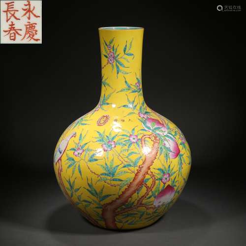 Qing Dynasty,Yellow Glaze Famille Rose Longevity Peach Patte...