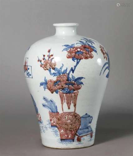 Qing Dynasty blue and white enamel red Bogu plum bottle
