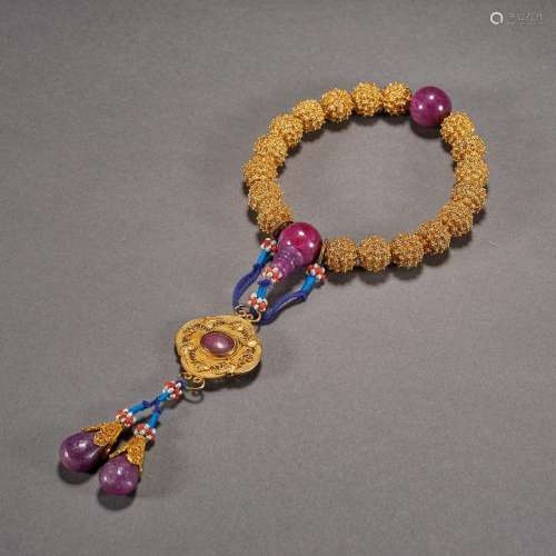 Qing Dynasty,Gilt Fried Beads Eighteen Handheld