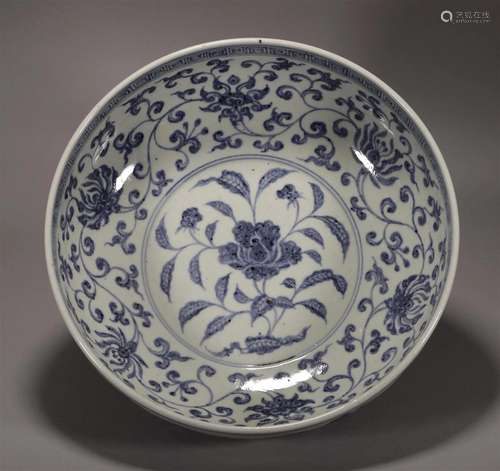 Ming Dynasty blue and white lotus wrapped branch big basin