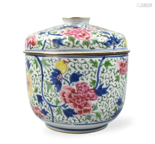 Chinese Blue and Famille Rose Covered Jar, 18th C.