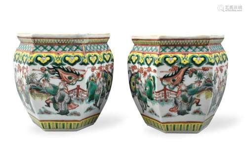 Pair of Chinese Famille Verte Hexagonal Jar,19th C