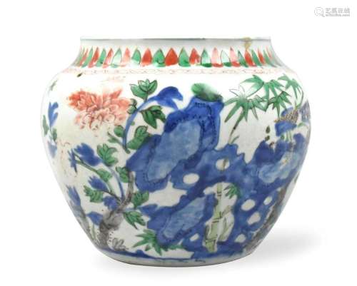 Chinese Wucai Porridge Jar w/ Birds, Kangxi Period