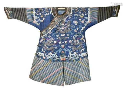 Chinese Blue Silk Dragon Robe, 19th C.