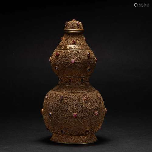 Ming Dynasty of Before,Silver Gilt Gourd-Shaped Ornament