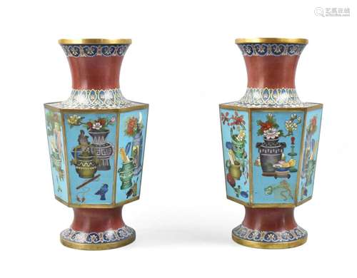 Pair of Chinese Cloisonne Hexagonal Vases, ROC P.