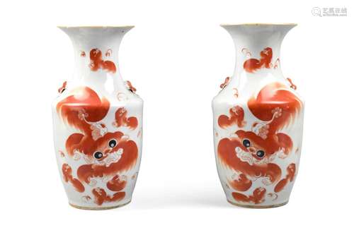 Pair of Chinese Iron Red Foo Lions Vases, 19th C,