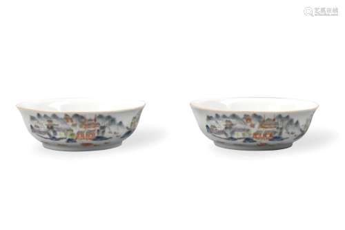Pair Chinese Famille Rose Bowls w/Landscape,20th C