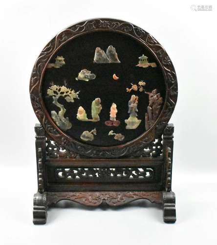 Chinese Wood Carved Talbe Screen Inlaid w/Jade