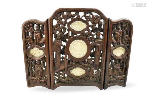 Chinese Wood Carved Table Screen w/ Jade,Qing D.