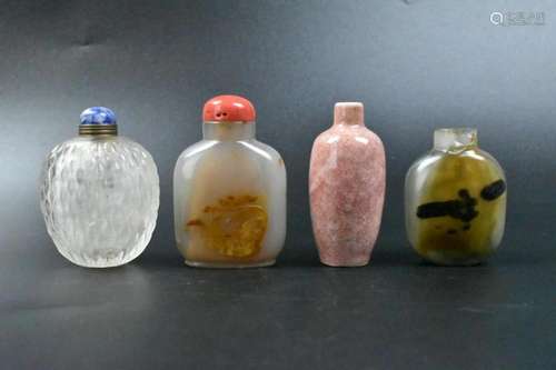 4 Chinese Snuff Bottle, Agate, Porcelain, Crystal