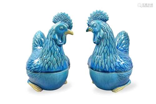 Pair Chinese Peacock Glaze Rooster Cover Box,ROC P