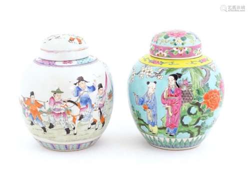 Two Chinese ginger jars, one decorated with a figure on hors...