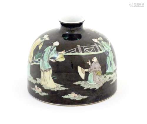 A Chinese famille noir brush wash pot of domed form decorate...