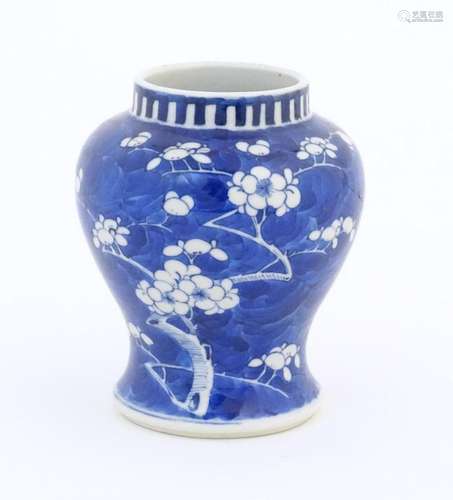 A Chinese blue and white vase decorated with blossom. Charac...