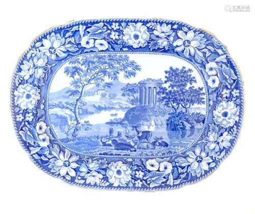 A Victorian blue and white meat plate with a floral border, ...