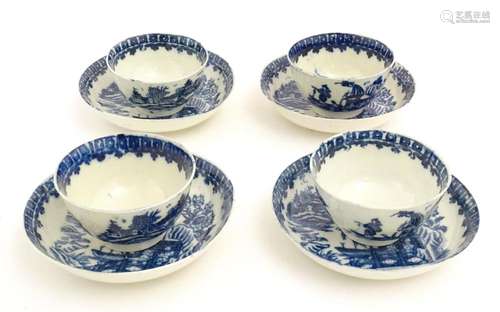 Four Caughley blue and white tea bowls and saucers decorated...