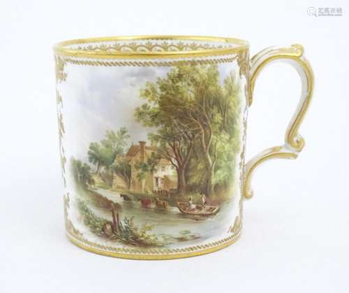 A 19thC English Derby style mug with floral and foliate gilt...