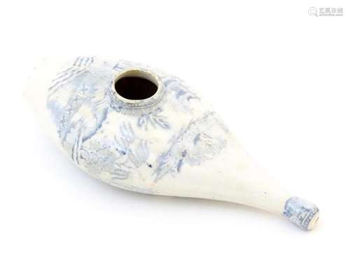 A 19thC blue and white pap boat / invalid feeder decorated w...