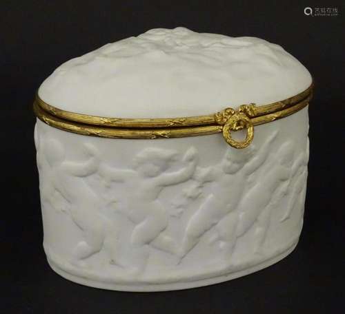 A Limoges parian ware oval box with a hinged lid, decorated ...