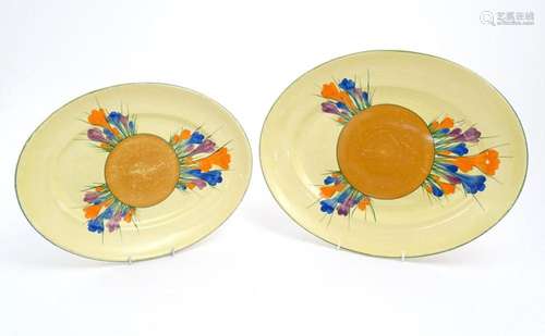 Two Clarice Cliff oval serving plates decorated in the Crocu...