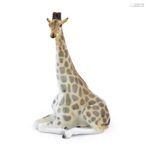 A Russian Lomonosov pottery model of a seated giraffe. Marke...