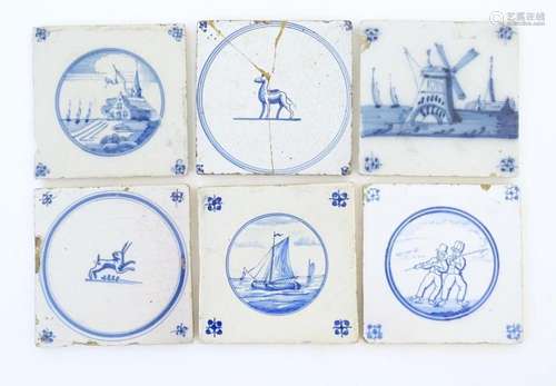 Six blue and white Delft tiles, decoration to include a seas...