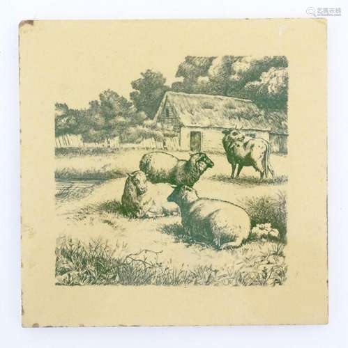 A Minton tile with transfer printed decoration depicting she...